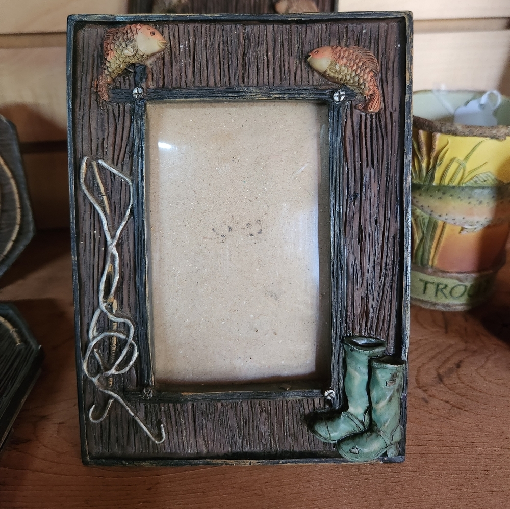 Fishing Photo Picture Frame with 3-D Fish Boots and Line/Hook Detail